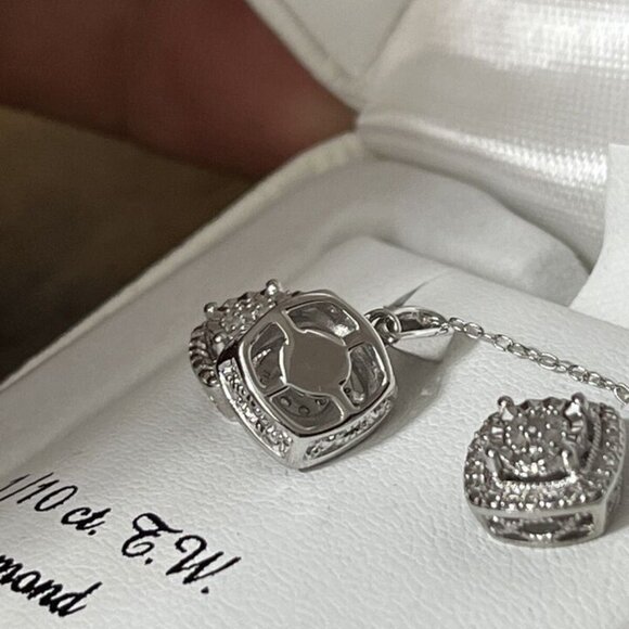 1/10ct Diamond Sterling Silver Stud Earring & Necklace Jewel Set 18" - Picture 6 of 7